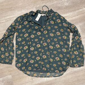 LOFT Teal Floral Blouse with Ruffle Detail